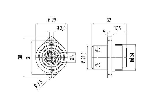 Scale drawing 09 4223 00 04 - RD24 Male panel mount connector, Contacts: 3+PE, unshielded, screw clamp, IP67, UL, ESTI+, VDE