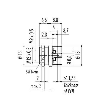 Scale drawing M9 Female panel mount connector, Contacts: 3, shieldable, THT, IP67, M12x0.5, Rear mounting