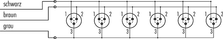 Belegungspläne Snap-In 6-fach-Verteiler, Polzahl: 3, ungeschirmt, am Kabel angespritzt, IP67, 3 x 0,75 mm²