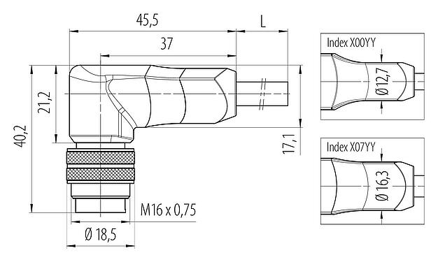 스케일 드로잉 M16 각진 플러그, 콘택트 렌즈: 12, 차폐되지 않음, 케이블에 몰딩, IP67, PUR, 검정, 12x0.25mm², 5m