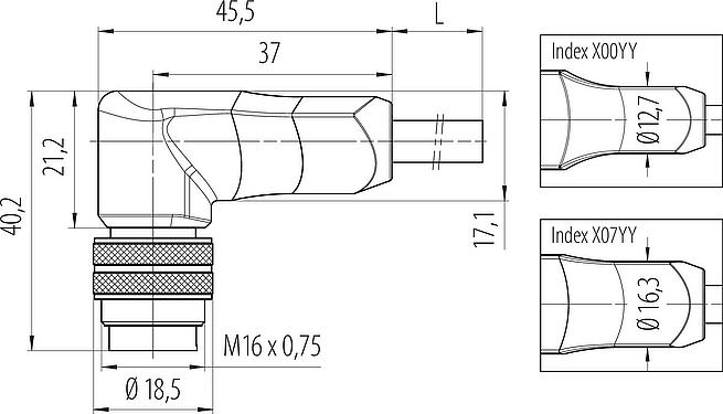 스케일 드로잉 M16 각진 플러그, 콘택트 렌즈: 12, 차폐되지 않음, 케이블에 몰딩, IP67, PUR, 검정, 12x0.25mm², 2m