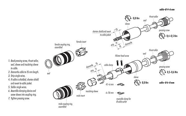 Instrucción de montaje M16 Conector de cable macho, Número de contactos: 5 (05-a), 4,0-6,0 mm, blindable, soldadura, IP67, UL 2238