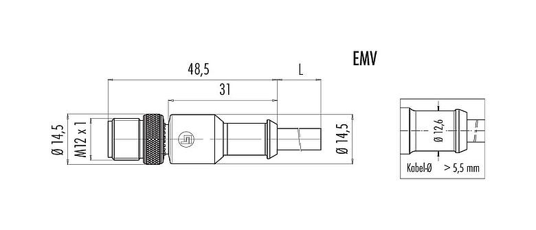 Maßzeichnung M12 Kabelstecker, Polzahl: 3, geschirmt, am Kabel angespritzt, IP67, UL 2238, PVC, grau, 3 x 0,34 mm², 2 m