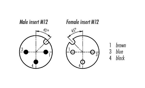 Disposition des contacts (Côté plug-in) M12 Câble de raccordement connecteur mâle - connecteur femelle coudé avec LED, Contacts: 3, non blindé, surmoulé sur le câble, IP68/IP69K, PUR, noir, 3 x 0,34 mm², avec LED, PNP, 1 m