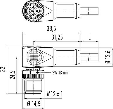 Desenho da escala M12 Plugue angular, Contatos: 5, desprotegido, moldado no cabo, IP68/IP69K, PUR, preto, 5 x 0,34 mm², para aplicações de soldagem, 5 m