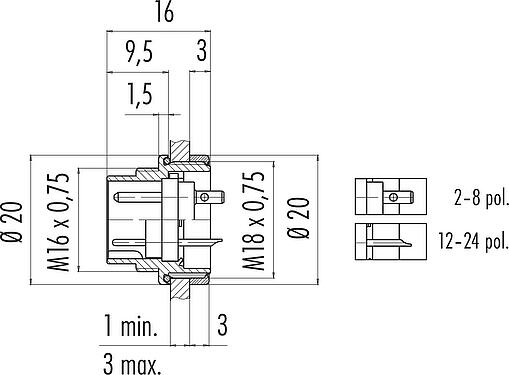Scale drawing M16 Male panel mount connector, Contacts: 7 (07-a), unshielded, solder, IP67, UL 2238, M18x0,75, Front mounting