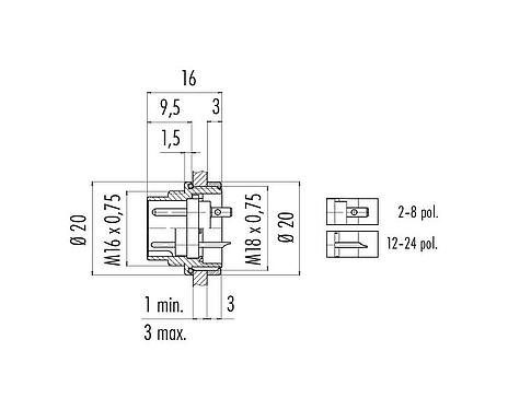 Maßzeichnung M16 Flanschstecker, Polzahl: 16, ungeschirmt, löten, IP67, UL 2238, M18x0,75, Frontmontage