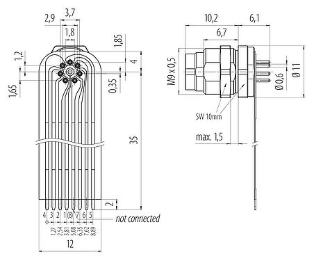 Anschluss & Maße
M9 Flanschstecker, Polzahl: 7, ungeschirmt, THT, IP40, M9x0,5, Rückwandmontage