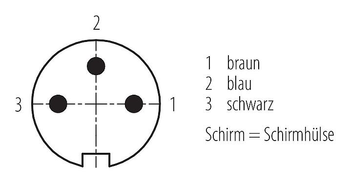 Polbild (Steckseite) M16 Kabelstecker, Polzahl: 3, geschirmt, am Kabel angespritzt, IP67, PUR, schwarz, 3 x 0,34 mm², 5 m