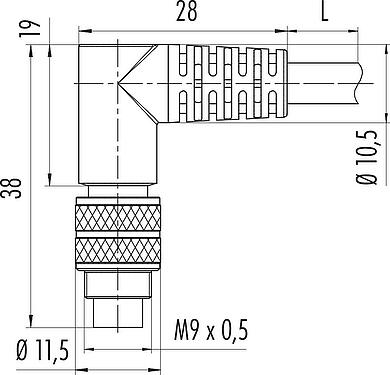 Desenho da escala M9 Tomada angular, Contatos: 4, blindado, moldado no cabo, IP67, PUR, preto, 5 x 0,25 mm², 2 m