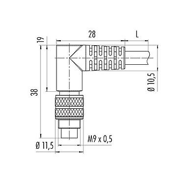 Disegno in scala M9 Connettore angolare femmin, Numero poli: 5, schermato, stampato sul cavo, IP67, PUR, nero, 5 x 0,25 mm², 2 m