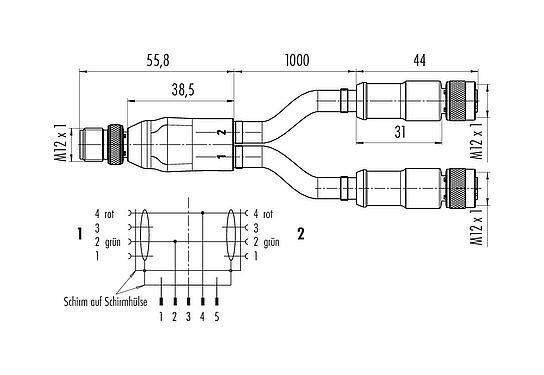 Maßzeichnung M12 Kabelsplitter Kabelstecker - 2 Kabeldosen, Polzahl: 2, geschirmt, am Kabel angespritzt, IP67, Profibus, PUR, violett, 2 x 0,25 mm², 1 m