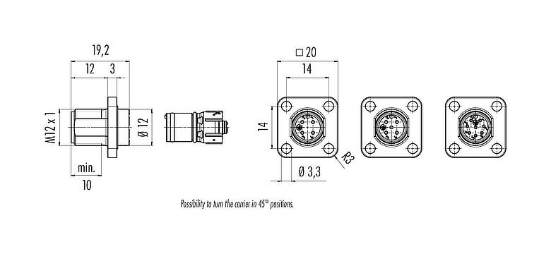 Disegno in scala M12 Connettore quadrato maschio per montaggio a pannello, Numero poli: 5, non schermato, UL 2238, M3 (4x), Montaggio anteriore, Allineamento di codifica posizionabile