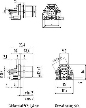 比例圖 M12 針頭法蘭座, : 8, 可接遮罩, THR, IP68, UL 2238, M12x1.0, 後壁安裝, 用於PCB組裝