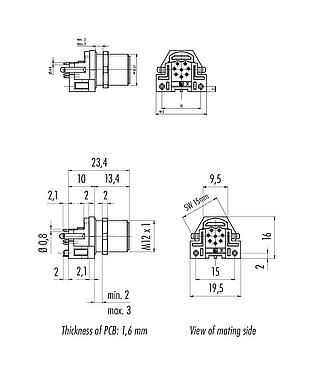 比例圖 M12 針頭法蘭座, : 8, 可接遮罩, THR, IP68, UL 2238, M12x1.0, 後壁安裝, 用於PCB組裝