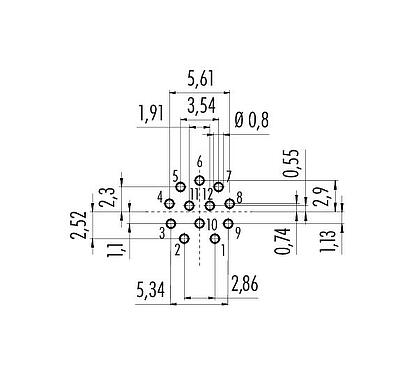 Lábkiosztás M12 panelre szerelhető foglalat, : 12, árnyékolatlan, THT, IP68, UL 2238, PG 9, hátsó panel felszerelés, öntött