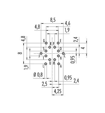 Leiterplattenlayout M16 Flanschdose, Polzahl: 14 (14-b), ungeschirmt, THT, IP40, M18x0,75, Rückwandmontage