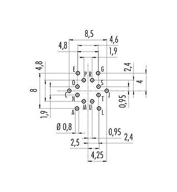 Conductor layout 09 0453 90 14 - M16 Male panel mount connector, Contacts: 14 (14-b), unshielded, THT, IP67, UL, front fastened