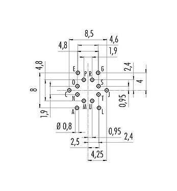 Leiterplattenlayout M16 Flanschstecker, Polzahl: 14 (14-b), ungeschirmt, THT, IP40, M18x0,75, Rückwandmontage