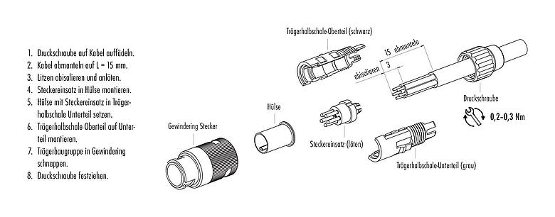 Montageanleitung Bajonett Kabelstecker, Polzahl: 7, 3,0-4,0 mm, ungeschirmt, löten, IP40