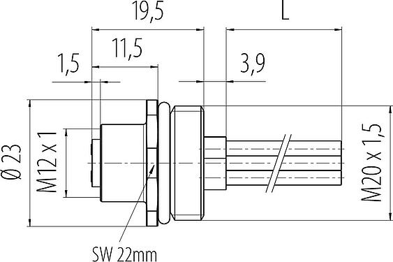 Bản vẽ tỷ lệ M12 Ổ cắm gắn bảng, Số lượng cực : 4, không có chống nhiễu, dây đơn, IP68, UL 2238, M20x1,5, Gắn phía trước, túp lều