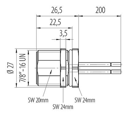 Méretarányos rajz 7/8" panelre szerelhető csatlakozó, : 4+PE, árnyékolatlan, sodrott vezeték, IP68, UL 2238, VDE, elülső rögzítés