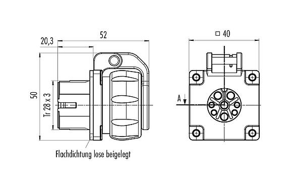 Maßzeichnung Bajonett Flanschdose, Polzahl: 4+3+PE, ungeschirmt, crimpen (Crimpkontakte müssen separat bestellt werden), IP68/IP69K, UL 2238, VDE, Frontmontage, UV-Beständig