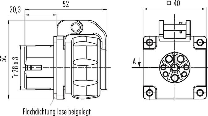 Maßzeichnung Bajonett Flanschdose, Polzahl: 12, ungeschirmt, crimpen (Crimpkontakte müssen separat bestellt werden), IP68/IP69K, UL 2238, VDE, Frontmontage, UV-Beständig