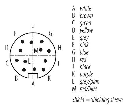 Contact arrangement (Plug-in side) M16 Male angled connector, Contacts: 12, shielded, moulded on the cable, IP67, PUR, black, 12 x 0.25 mm², 2 m
