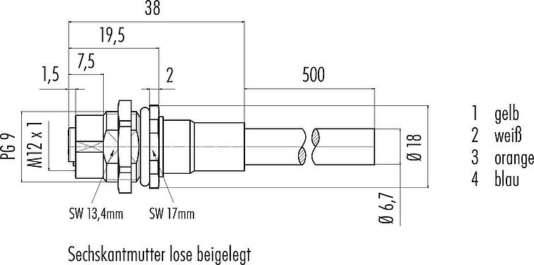Maßzeichnung M12 Flanschdose, Polzahl: 4, geschirmt, mit Kabel konfektioniert, IP67, UL, PG 9, Profinet, PUR, grün, 2 x 2 x AWG 22, Rückwandmontage, 0,5 m