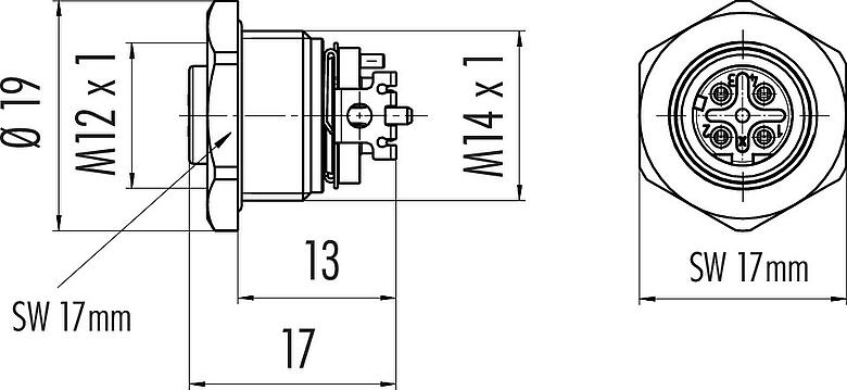 比例圖 M12 孔頭法蘭座, : 4, 可接遮罩, SMT, IP67, M14x1.0, 板前安裝