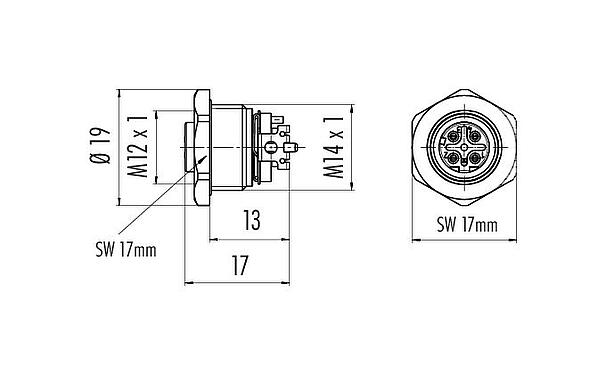 Maßzeichnung M12 Flanschdose, Polzahl: 4, schirmbar, SMT, IP67, M14x1,0, Frontmontage