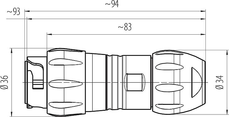 Schaaltekening Bajonet Kabelstekker, aantal polen: 4+PE, onafgeschermd, schroefklem, IP67, UL 2238 (in voorbereiding), UV-Beständig