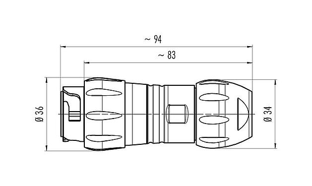 Maßzeichnung Bajonett Kabelstecker, Polzahl: 4+PE, 7,0-17,0 mm, ungeschirmt, crimpen (Crimpkontakte müssen separat bestellt werden), IP68/IP69K, UL 2238, VDE, UV-Beständig