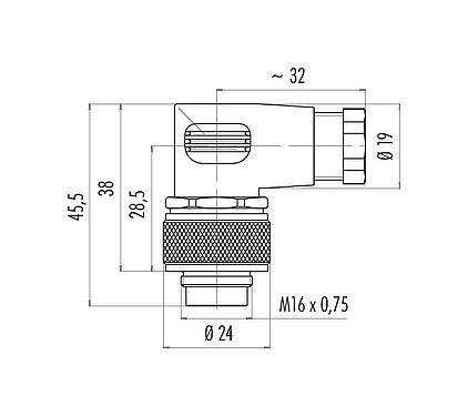 Disegno in scala M16 Connettore angolare maschio, Numero poli: 6 (06-a), 4,0-6,0 mm, non schermato, saldare, IP67
