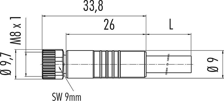 Dessin coté M8 Connecteur femelle, Contacts: 3, non blindé, surmoulé sur le câble, IP67/IP69K, UL 2238, PVC, gris, 3 x 0,34 mm², 5 m