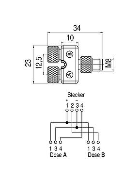 Maßzeichnung M8 Zweifachverteiler, Y-Verteiler, Stecker - 2 Dosen, Polzahl: 4/3, ungeschirmt, steckbar, IP68, UL 2238