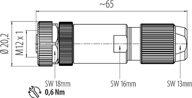 縮尺図 M12 メスケーブルコネクタ, 極数: 4, 5.0-8.0mm, シールド可能, ねじ圧着, IP67, UL 2238, アイリスフェーダー