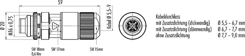 Maßzeichnung M16 Kabelstecker, Polzahl: 8, 5,5-9,0 mm, schirmbar, IDC, IP67