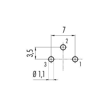 Disposizione dei conduttori 09 0107 99 03 - M16 Connettore maschio a flangia, Numero poli: 3 (03-a), non schermato, THT, IP67, UL, montaggio anteriore