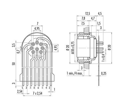 Connection & dimensions M16 Female panel mount connector, Contacts: 8 (08-a), unshielded, THT, IP68, M18x0,75, Rear mounting