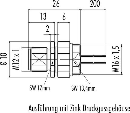 Maßzeichnung M12 Flanschstecker, Polzahl: 5, ungeschirmt, Litzen, IP68, UL 2238, M16x1,5, Frontmontage, Kodierungsausrichtung positionierbar