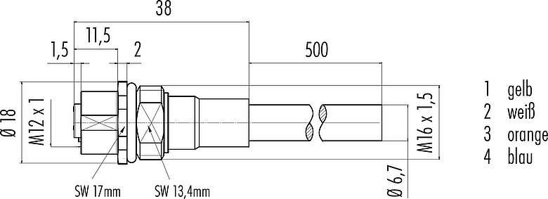Maßzeichnung M12 Flanschdose, Polzahl: 4, geschirmt, mit Kabel konfektioniert, IP67, UL, M16x1,5, Profinet, PUR, grün, 2 x 2 x AWG 22, Frontmontage, 0,5 m