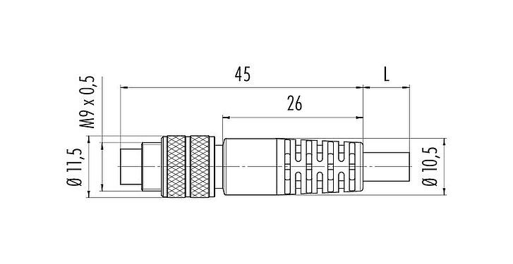 Scale drawing M9 Male cable connector, Contacts: 2, shielded, moulded on the cable, IP67, PUR, black, 5 x 0.25 mm², 2 m
