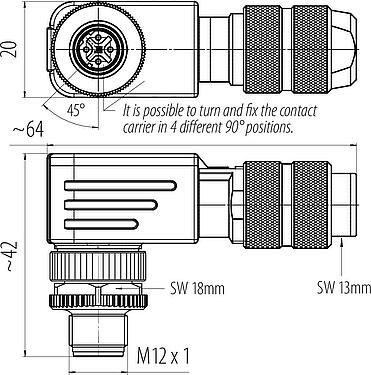 縮尺図 M12 オスアングルコネクタ, 極数: 4, 5.0-8.0mm, シールド可能, ねじ圧着, IP67, UL 2238, アイリスフェーダー