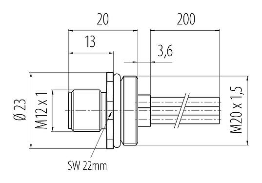 Méretarányos rajz M12 panelre szerelhető csatlakozó, : 4, árnyékolatlan, sodrott vezeték, IP68, UL 2238, M20x1,5, elülső rögzítés