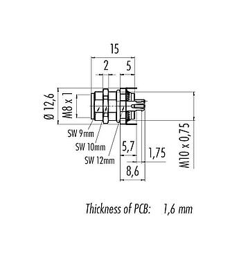 Schaaltekening M8 Female panel mount connector, aantal polen: 3, schermbaar, THT, IP67, UL 2238, M10x0,75, Achterwandmontage, gegoten