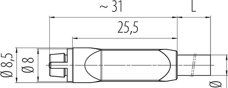 Scale drawing Snap-In Female cable connector, Contacts: 3, unshielded, moulded on the cable, IP40, PVC, black, 3 x 0.25 mm², 2 m
