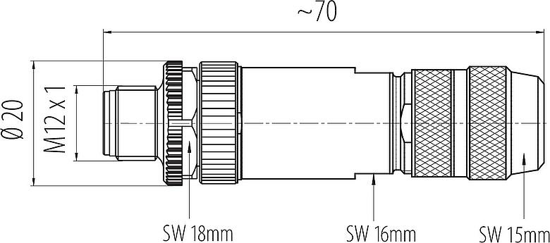 比例圖 M12 直頭針頭電纜連接器, : 5, 8.0-9.0mm, 可接遮罩, 螺釘接線, IP67, UL 2238, 虹膜彈簧