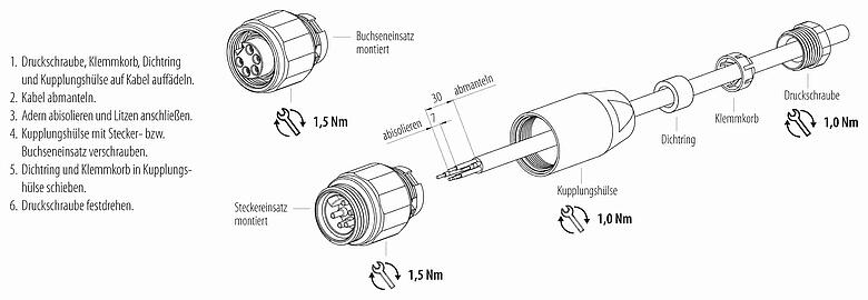 Montageanleitung 7/8" Kabelstecker, Polzahl: 2+PE, 6,0-8,0 mm, ungeschirmt, schraubklemm, IP67, UL 2238, VDE